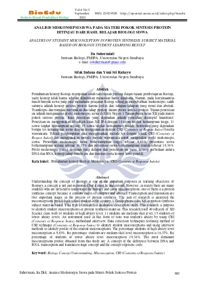 Analisis Miskonsepsi Siswa Pada Materi Pokok Sintesis Protein Ditinjau Dari Hasil Belajar 2379