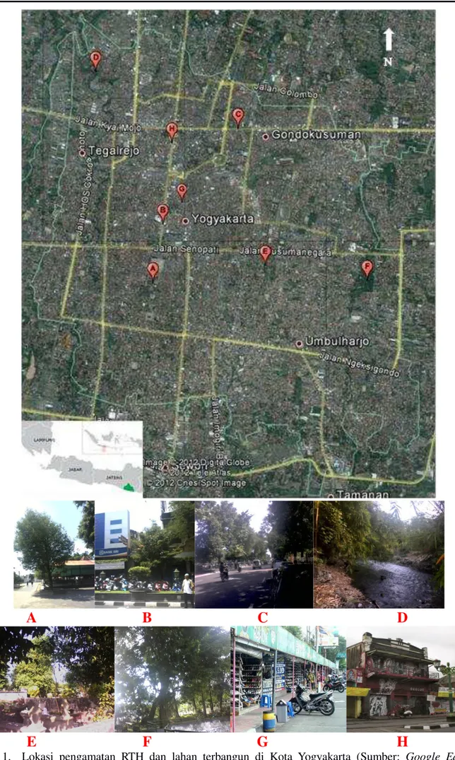 Gambar 1.   Lokasi  pengamatan  RTH  dan  lahan  terbangun  di  Kota  Yogyakarta  (Sumber:  Google  Earth  dengan tanggal pencitraan 26 Juni 2007 dan dokumentasi pribadi)