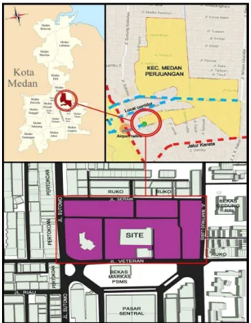 Gambar 2.1 Peta Kota Medan, Kec. Medan Perjuangan dan lokasi site 