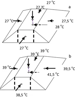 Gambar 3. Profil suhu dalam biopile; a: pada  hari ke-1, b: pada hari ke-12 