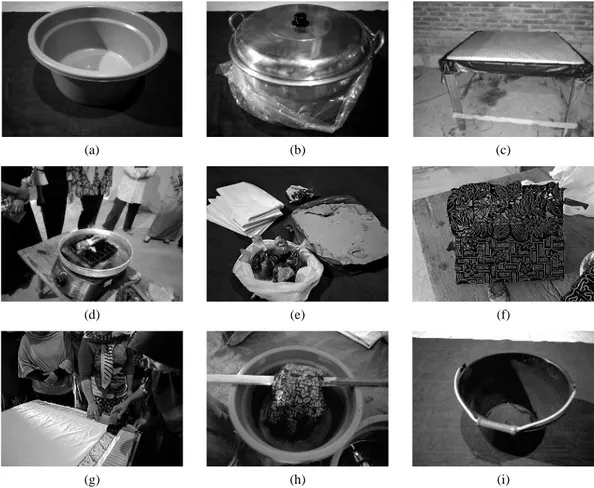 Gambar 2. Alat dan bahan yang digunakan (a) bak, (b) panci, (c) meja membatik, (d) kompor, (e) 