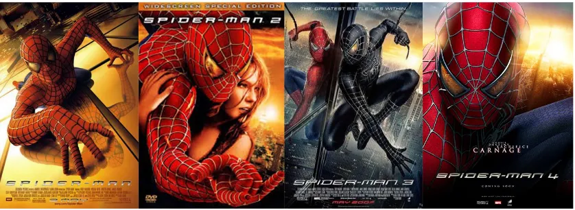 Gambar I.3 Cover Serial Film Spiderman 1 (2002), spiderman 2 (2004), Spiderman 3 (2007), Spiderman 4 (2010) Sumber: Marvel Film Production 