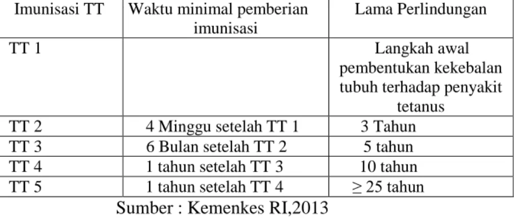 Tabel 2.4. Interval pemberian Imunisasi TT pada ibu hamil  Imunisasi TT  Selang Waktu minimal pemberian 
