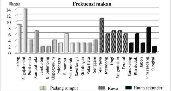Gambar 1.  Frekuensi  makan  gajah  sumatera  (jantandewasa  dan  betina  dewasa)  berdasarkan  tempat penggembalaan di PKG