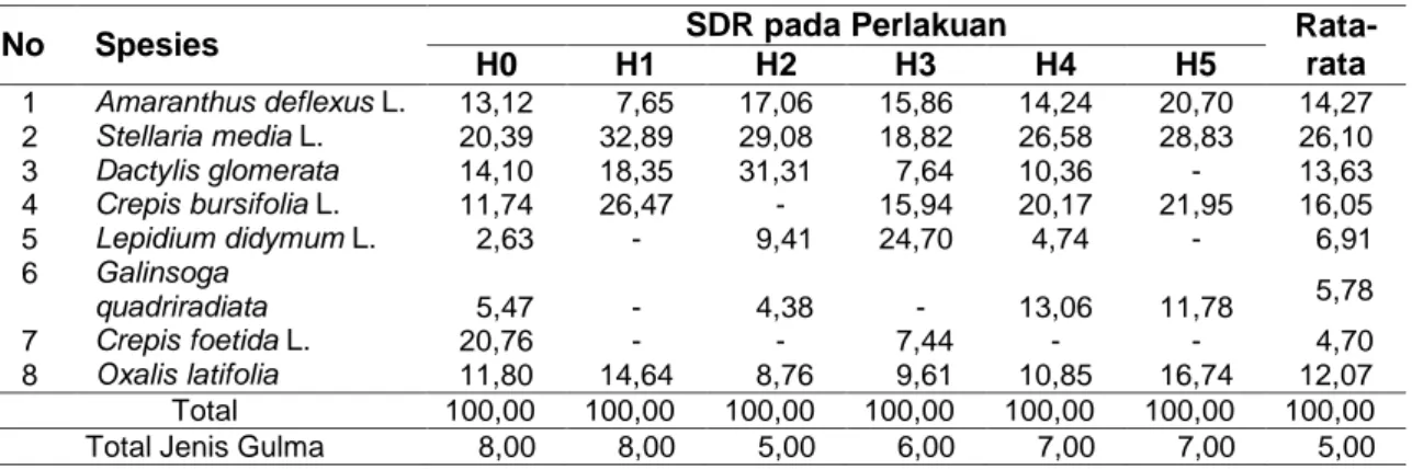 Tabel 4. Nilai SDR Gulma pada Berbagai Perlakuan Umur Pengamatan 77 HST 