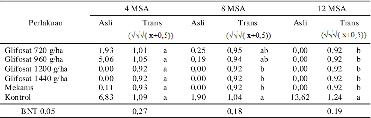 Tabel 2. Pengaruh aplikasi herbisida glifosat terhadap bobot kering gulma Centocheca lappacea (g/ 0,5 m 2 )