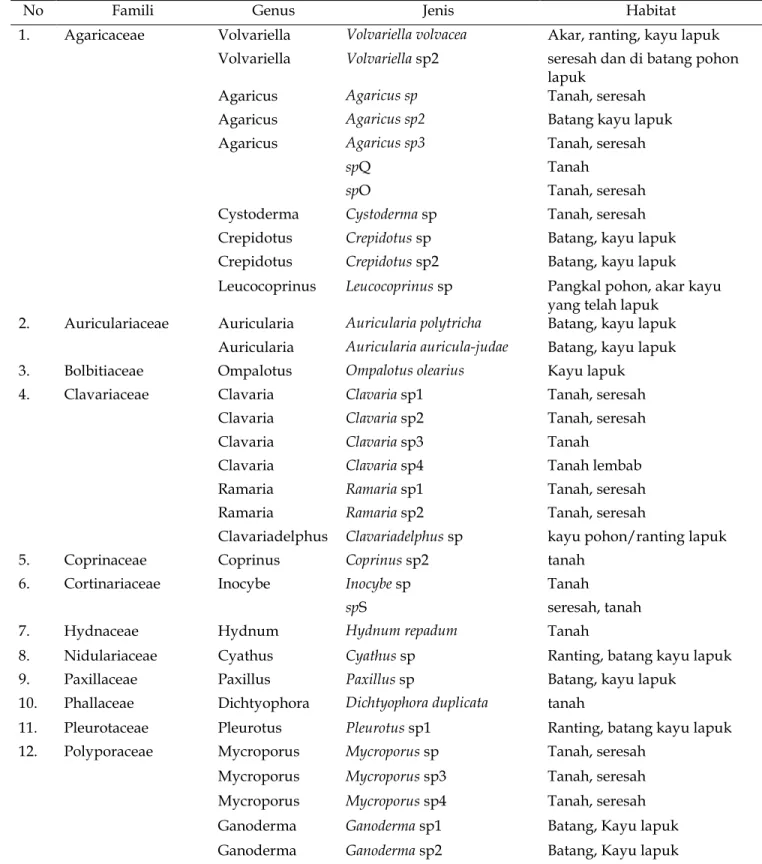 Tabel 1. Keragaman jenis makrofungi di Distrik Warmare, Kabupaten Manokwari.  