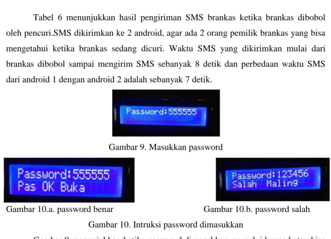Tabel  6  menunjukkan  hasil  pengiriman  SMS  brankas  ketika  brankas  dibobol  oleh pencuri.SMS dikirimkan ke 2 android, agar ada 2 orang pemilik brankas yang bisa  mengetahui  ketika  brankas  sedang  dicuri
