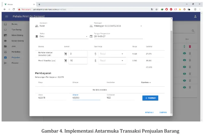 Gambar 4. Implementasi Antarmuka Transaksi Penjualan Barang 