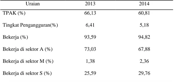 Tabel 1.2 Angkatan Kerja Kabupaten Sinjai  Uraian  2013  2014  TPAK (%)  66,13  60,81  Tingkat Pengangguran(%)  6,41  5,18  Bekerja (%)  93,59  94,82  Bekerja di sektor A (%)  73,03  67,88  Bekerja di sektor M (%)  1,38  2,36  Bekerja di sektor S (%)  25,5