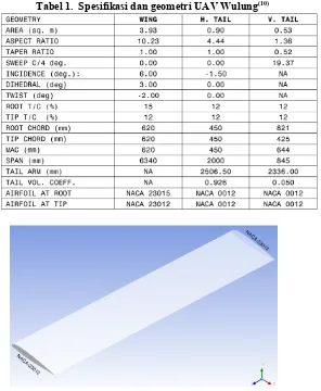 Tabel 1.  Spesifikasi dan geometri UAV Wulung(10)