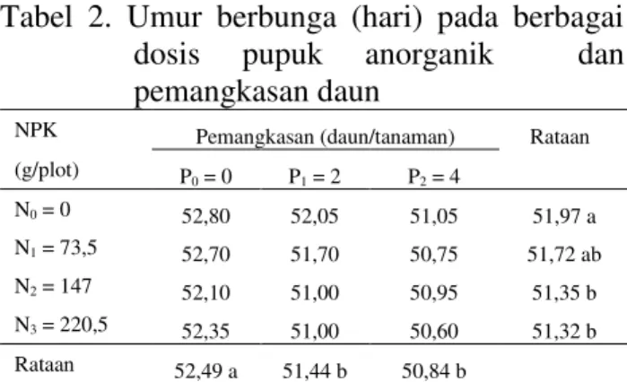 Tabel  2  menunjukkan  perlakuan  pemberian  pupuk  anorganik  tertinggi  pada  perlakuan  N 0   (51,97  hari)  berbeda  tidak  nyata  dengan  N 1   (51,72  hari),  sedangkan  pada  perlakuan  pemangkasan  daun  tertinggi  pada  perlakuan P 2  (50,84 hari)