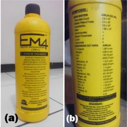 Gambar 2.1 Botol kemasan EM4 untuk pertanian (a) tampak  depan  (b)  komposisi  dan  kegunaan  EM4  (dok