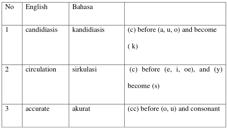 Table 2. Lists of medical terms with some adaptation 