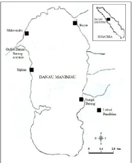Gambar 1.  Peta lokasi penelitian di Danau Maninjau