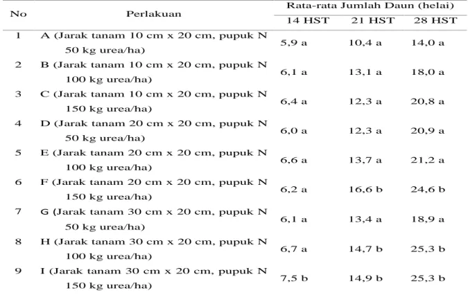 Tabel 2. Pengaruh Kombinasi Jarak Tanam dan Takaran Pupuk Nitrogen Terhadap Jumlah Daun Umur 14, 21 dan 28hst