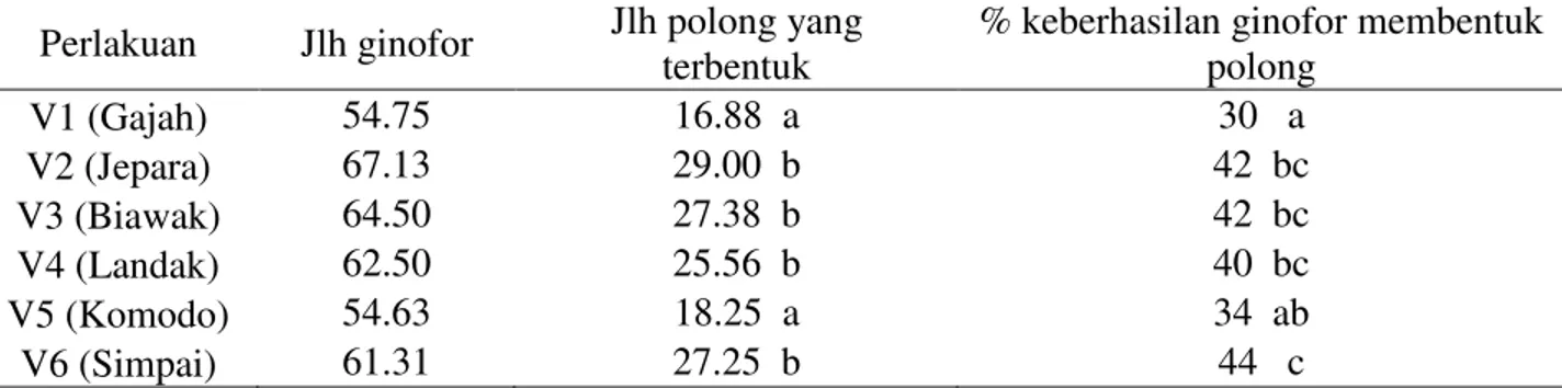 Tabel 3. Rataan jumlah ginofor, jumlah polong yang terbentuk dan persentase keberhasilan ginofor  membentuk polong 