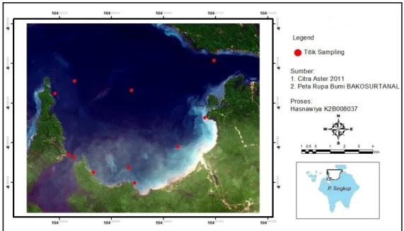 Gambar 1. Sebaran Titik Sampling di Teluk Raya Pulau Singkep 