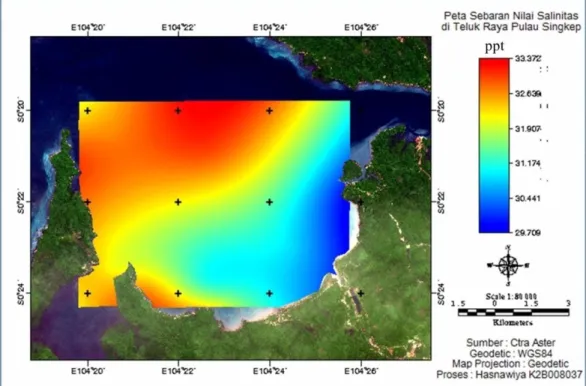 Gambar 4. Sebaran Nilai Salinitas di Teluk Raya Pulau Singkep, Kepulauan Riau 