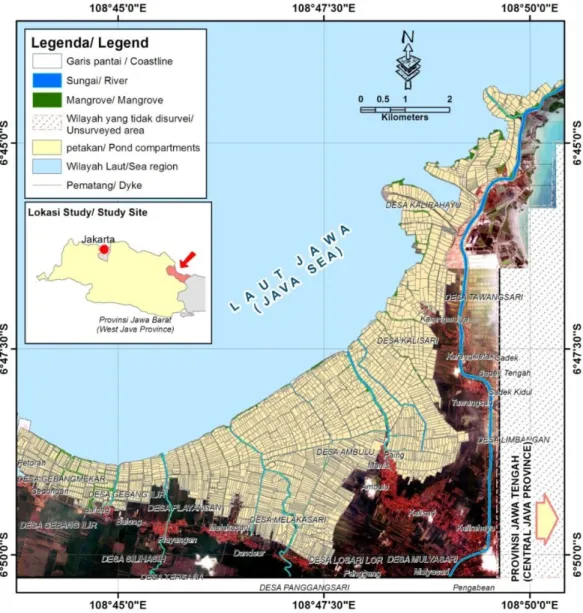 Gambar  1.    Lokasi  penelitian  di  kawasan  tambak  ekstensif  Kecamatan  Losari  Kabupaten Cirebon, Jawa Barat