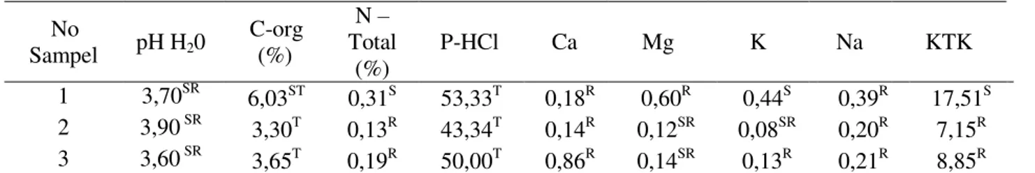 Tabel 6  Unsur hara makro dan KTK tanah tempat tumbuh jelutung  No  Sampel  pH H 2 0  C-org (%)  N  –  Total  (%)  P-HCl  Ca  Mg  K  Na  KTK  1  3,70 SR 6,03 ST 0,31 S 53,33 T 0,18 R 0,60 R 0,44 S 0,39 R 17,51 S 2  3,90  SR 3,30 T 0,13 R 43,34 T 0,14 R 0,1