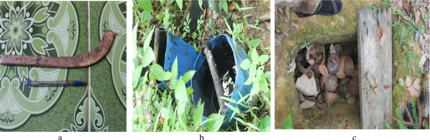 Gambar 1 c. Alat sadap; b Galon plastik wadah penampung getah; c Lubang tanah pengolahan getah  Getah  jelutung  mentah  yang  diambil  dari  alam 