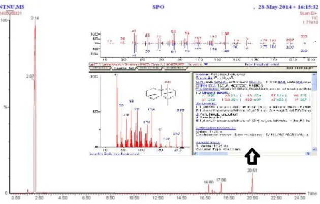 Gambar 6. Analisis GC-MS untuk minyak nilam hasil distilasi uap 