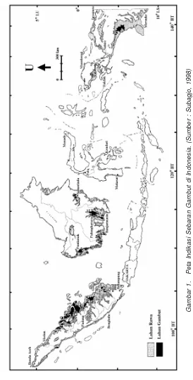Gambar 1.   Peta Indikasi Sebaran Gambut di Indonesia. (Sumber : Subagjo, 1998)