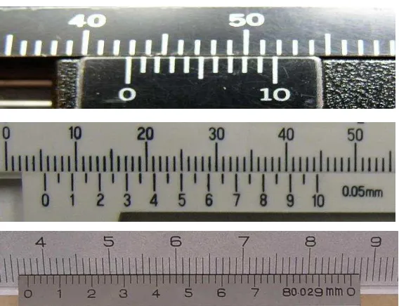 Gambar 1.15 Bermacam-macam skala pada jangka sorong. (atas) nilai skala terkecil adalah 0,1 mm, (tengah) nilai skala terkecil adalah 0,05 mm, dan (bawah) nilai skala terkecil adalah 0,02 mm (dari berbagai sumber)