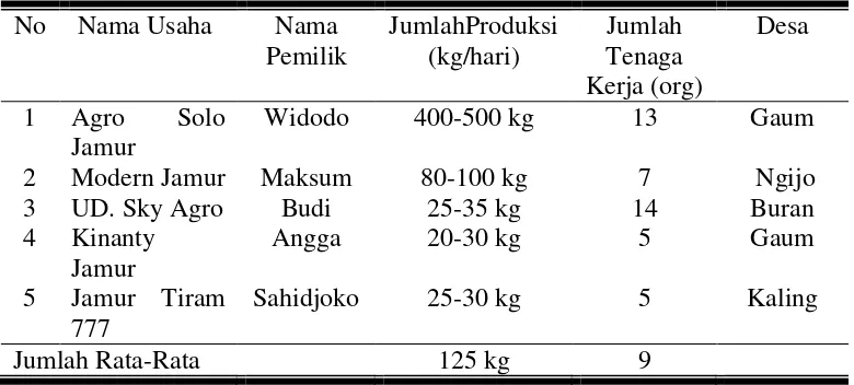 Tabel 5. Jumlah Produksi, Tenaga Kerja Usaha Jamur Tiram Putih di  