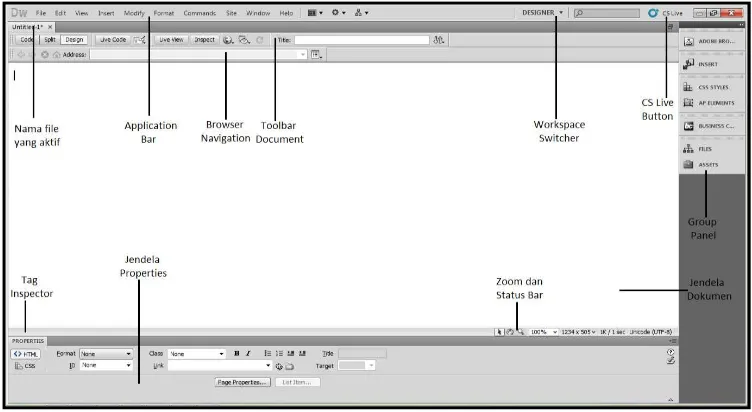 Gambar 2.12. Tampilan Ruang Kerja Adobe Dreamweaver CS5 