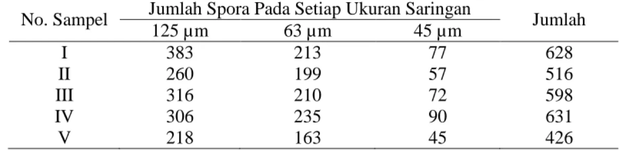 Tabel 1. Jumlah spora FMA (per 100 g gambut) (Spores total of AMF (per100 g of Peat).