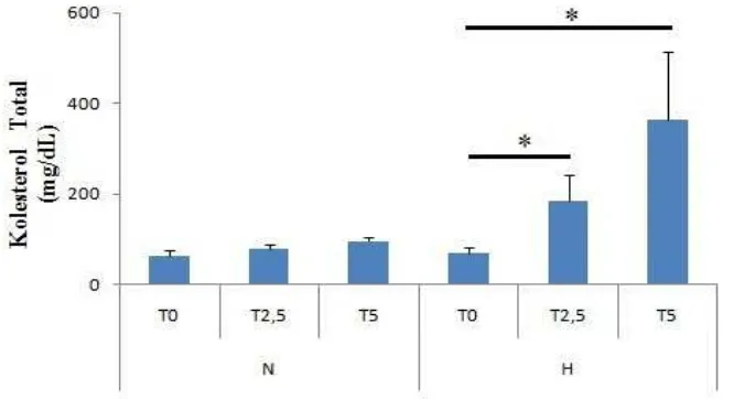 Gambar 1 Profil Kolesterol Total Normal (n); Hiperkolesterolemia (H). Sebelum Induksi (T0); 2,5 bulan (T2,5); 5 bulan (T5)