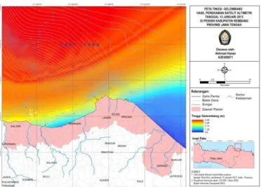 Gambar  4.Peta  Tinggi  Gelombang  Hasil  Analisis  Data  Satelit  Altimetri  pada  Tanggal  13  Januari  2013Overlay  dengan  Kontur  Kedalaman di Perairan Kabupaten Rembang