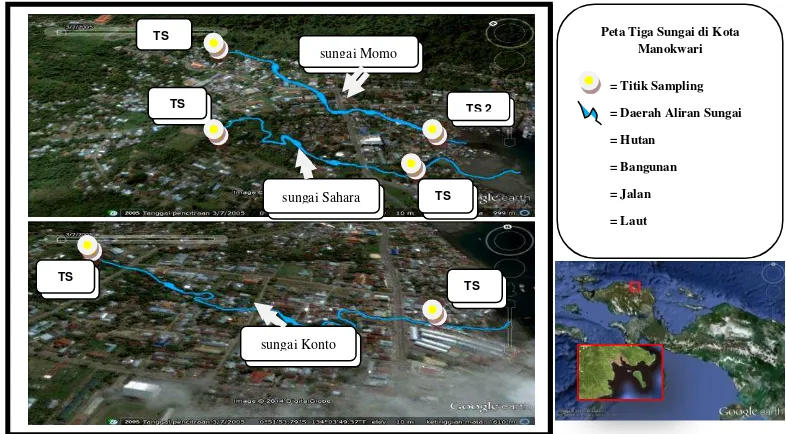 Gambar 1.  Peta lokasi penelitian dan pengambilan contoh air di Sungai (Google) 