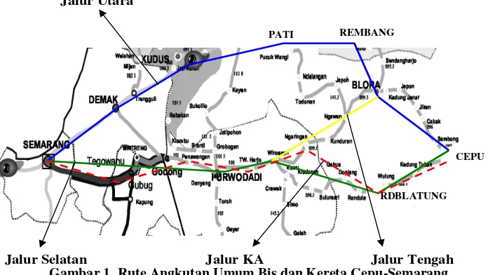 Gambar 1. Rute Angkutan Umum Bis dan Kereta Cepu-Semarang 