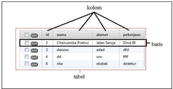 Gambar 2.1.Tabel Kolom dan Baris pada Database 