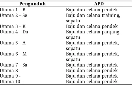 Tabel 1. APD yang digunakan pengunduh utama 