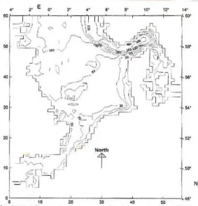 Gambar 2-6 Kontur bathimetri North Sea dalam meter (Rizal, 2000) 