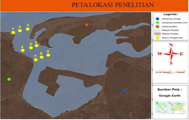 Gambar 1. Peta Kuala Gigieng yang menunjukkan lokasi penelitian dan titik sampling 