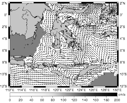 Gambar 6.  Pola Arus Permukaan rata-rata di Perairan Indonesia Timur  a. Monsun Timur (Agustus 1994), b