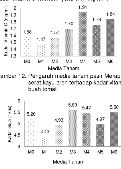 Gambar 12. Pengaruh media tanam pasir Merapi dan  serat kayu aren terhadap kadar vitamin C buah tomat 