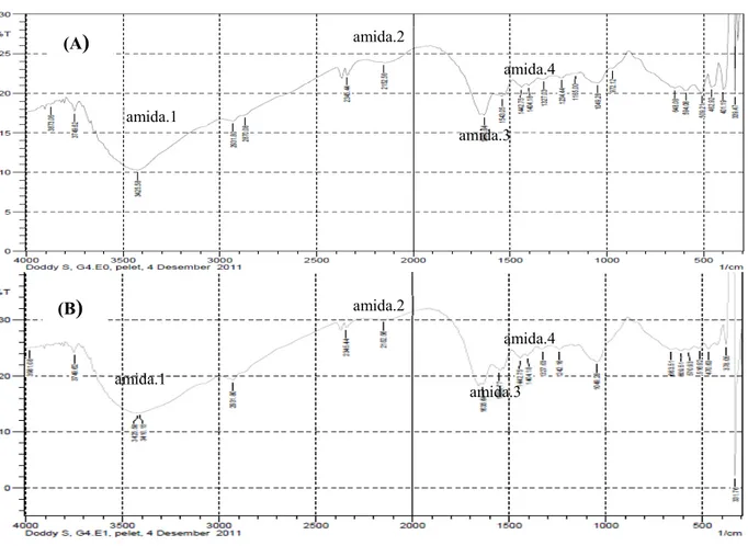 Gambar 4.   FTIR edible film gelatin; (A) 8% gelatin w/v, dan  0% v/w ekstrak K.alvarezii teroksidasi) dan (B) 8% gelatin w/v, dan 2% v/w  ekstrak K.alvarezii teroksidasi))
