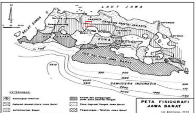 Gambar 2.1  Fisiografis daerah penelitian Jawa Bagian Barat terletak pada dataran rendah pantai Jakarta (Van  Bemmelen, 1949)