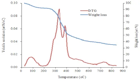 Figure 1. Thermogravimetric analysis of jatropha seed shell showing weight loss and DTG plot