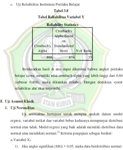Tabel 3.8Tabel Reliabilitas Variabel Y