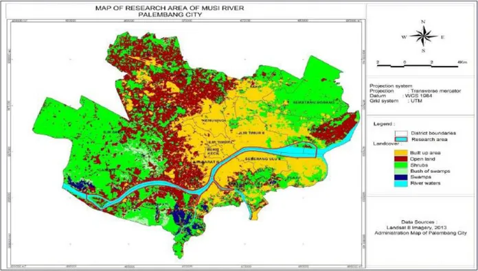 Gambar 6. Peta penggunaan lahan Kota Palembang (dan Sungai Musi sebagai lokasi penelitian)  Umumnya masyarakat di area permukiman 