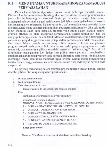 Gambar 9.5 Menu utama untuk database sekretaris bowling