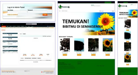 Gambar 5  Halaman Login Admin dan halaman Dashboard Admin (kiri atas bawah), Tampilan halaman utama pada saat  diakses melalui komputer (tengah), dan saat diakses melalui smartphone dengan resolusi 720p (kanan) 