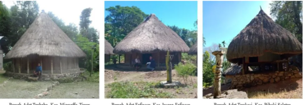 Gambar 4 Pemodelan 3-D rumah adat Etnis Dawan di Kabupaten Timor Tengah Utara.   Keterangan: Rumah Adat Tunbaba (A); Rumah Adat Fafinesu (B); Rumah Adat Tamkesi (C)